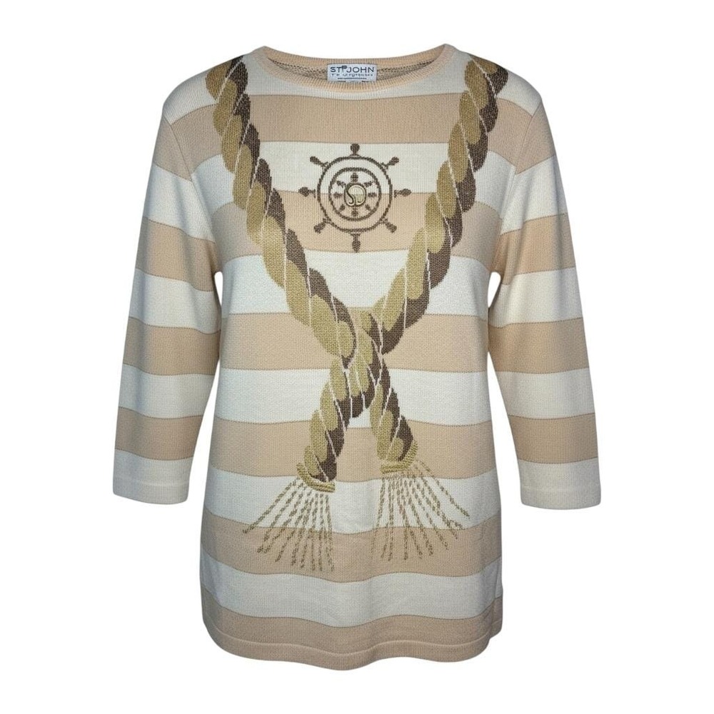 St John Collection Santana Women M Tan Nautical Striped Metallic Sweater Vintage